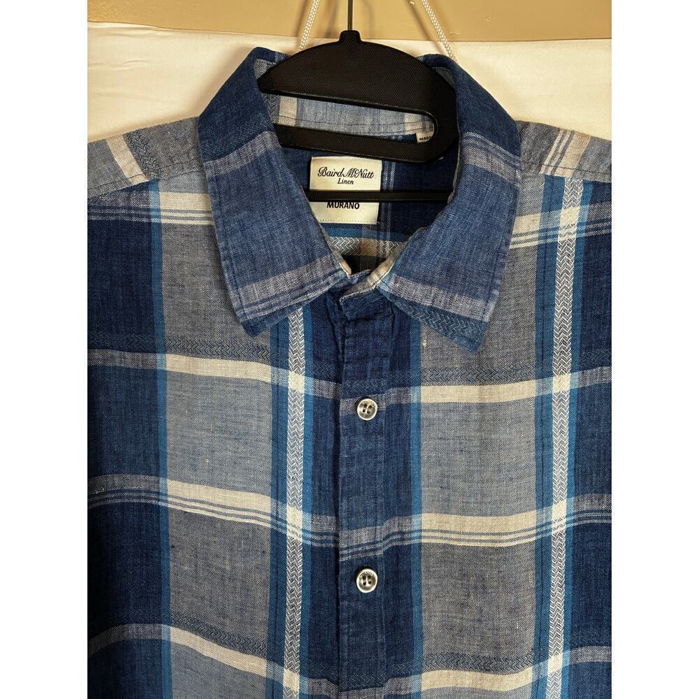 Baird McNutt Murano Linen Long Sleeve Mens L Button Up Dress Shirt Plaid Blue